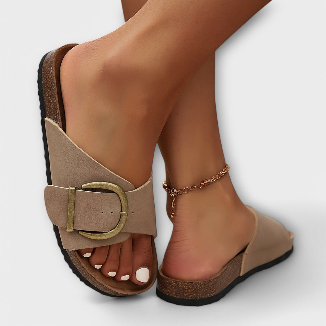Margie | Women’s Cork Slip-On Sandals with Buckle Strap Design