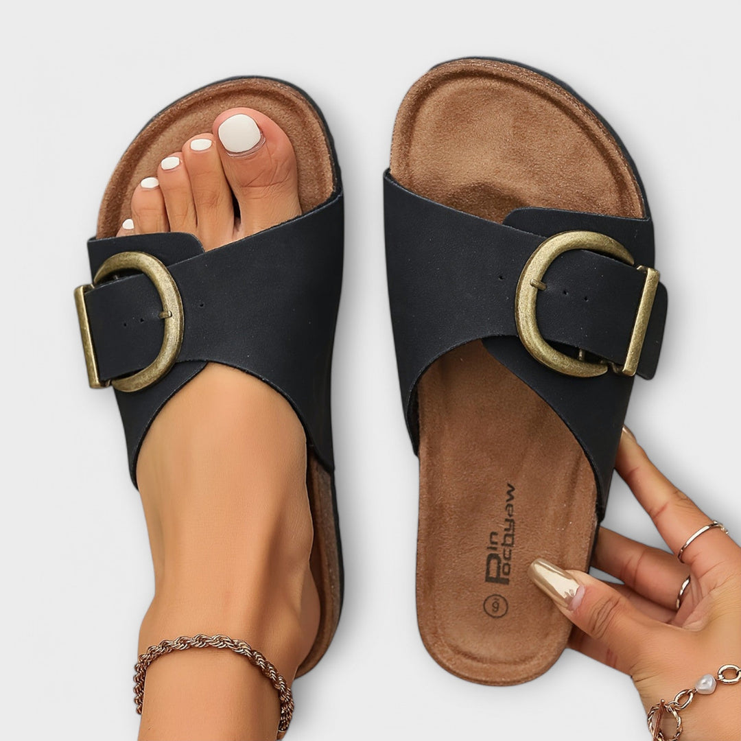 Margie | Women’s Cork Slip-On Sandals with Buckle Strap Design