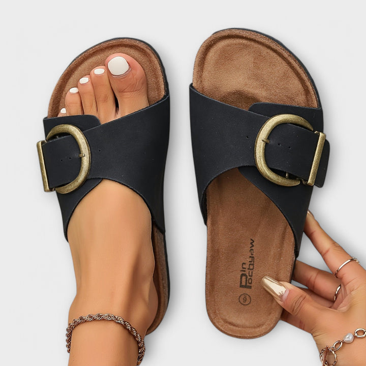 Margie | Women’s Cork Slip-On Sandals with Buckle Strap Design