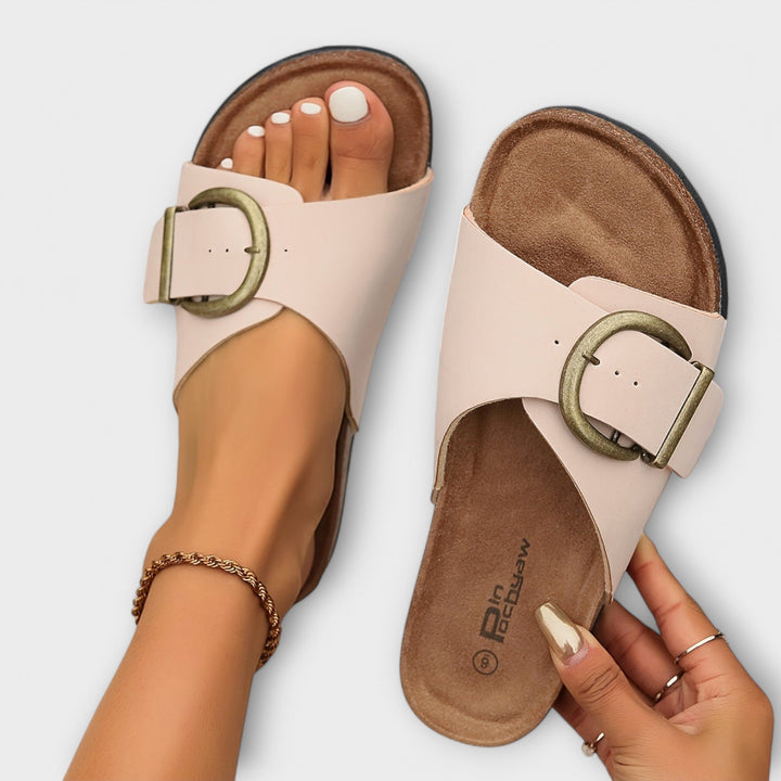 Margie | Women’s Cork Slip-On Sandals with Buckle Strap Design